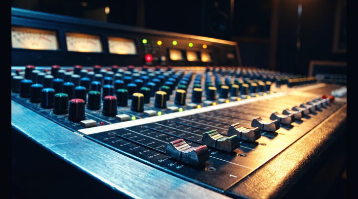 Meters and faders lit along a mixing console