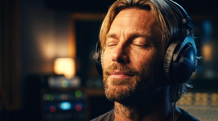 Kai listening back to a take through studio headphones