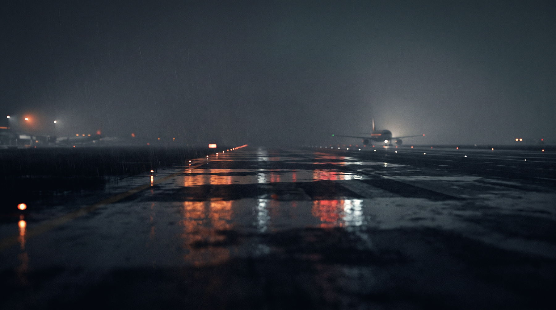 A wet airport apron at night seen through glass