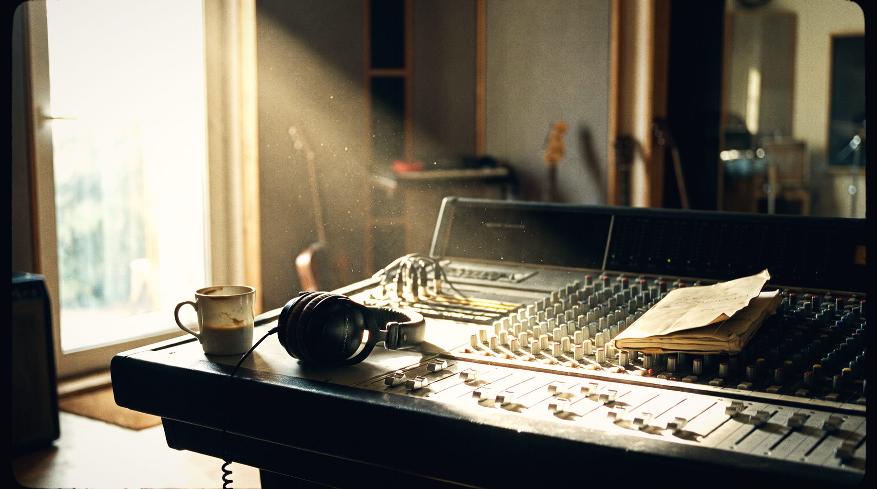 Morning light across a mixing console, headphones and a cup of coffee